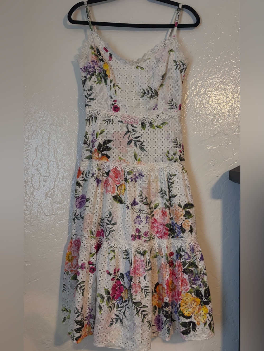 Marchesa Notte White Floral Eyelet Midi Dress with Multicolor Blooms